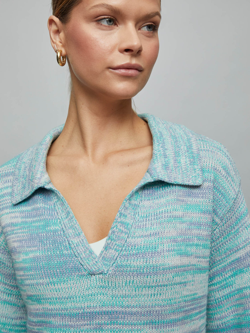 Latice Split Nk Collard Pullover - CYAN MULTI