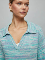 Latice Split Nk Collard Pullover - CYAN MULTI