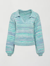 Latice Split Nk Collard Pullover - CYAN MULTI