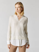 V-Neck Layered Pullover - Almond With White