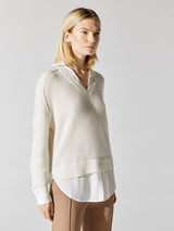 V-Neck Layered Pullover - Almond With White