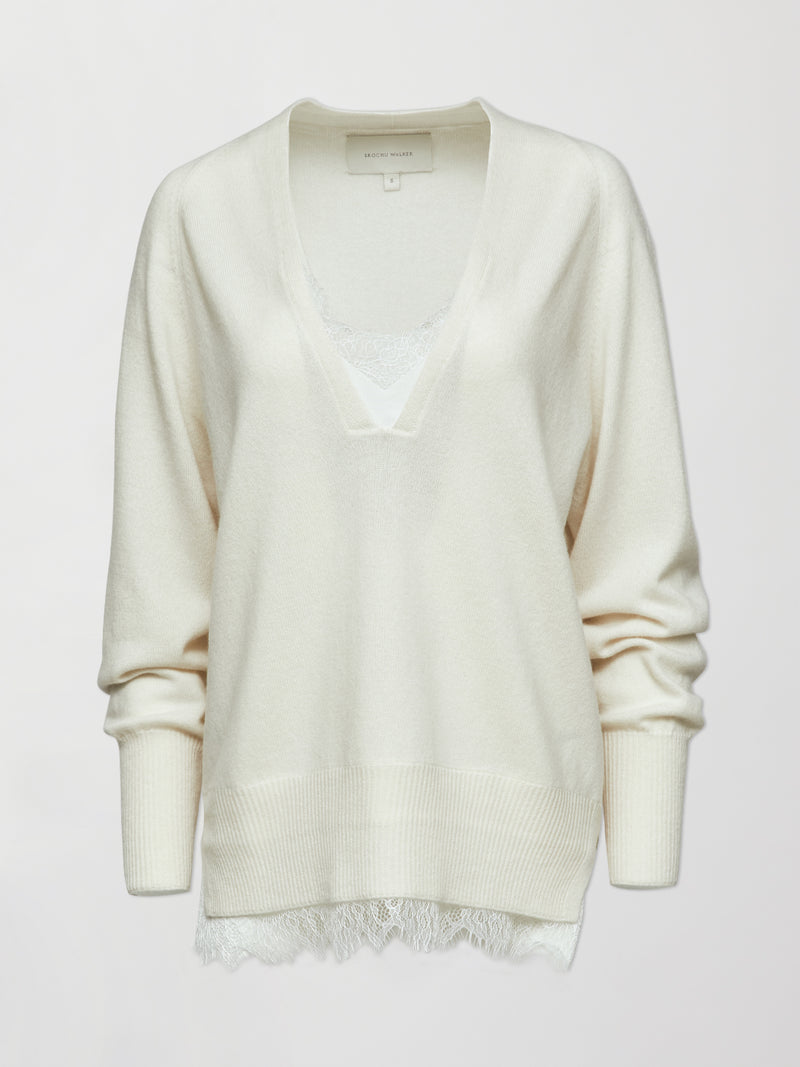 Lace Vee Layered Pullover - Ivory
