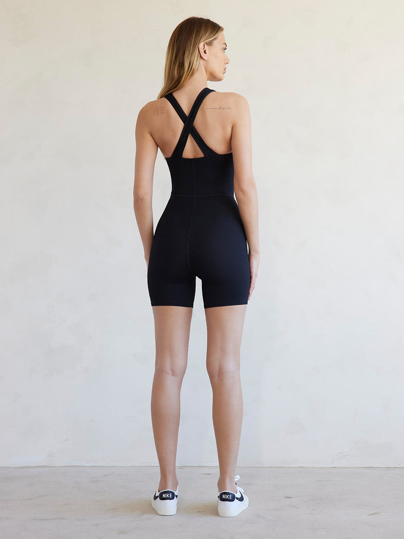 Cut Out Short Ribbed Onesie - Black