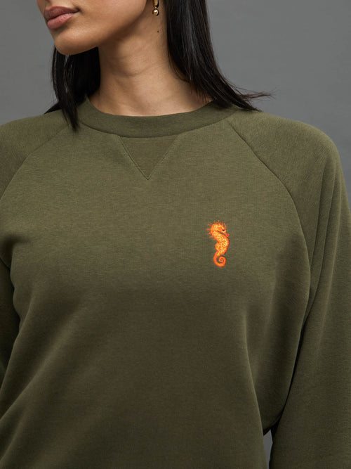 EMBROIDERED FRENCH TERRY CREW SWEATSHIRT -  OLIVE/ SEAHORSE