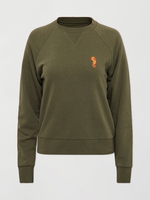 EMBROIDERED FRENCH TERRY CREW SWEATSHIRT -  OLIVE/ SEAHORSE