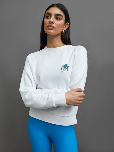 EMBROIDERED FRENCH TERRY CREW SWEATSHIRT -  WHITE/ OCTOPUS