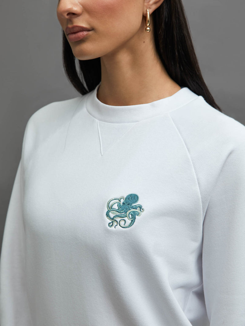 EMBROIDERED FRENCH TERRY CREW SWEATSHIRT -  WHITE/ OCTOPUS
