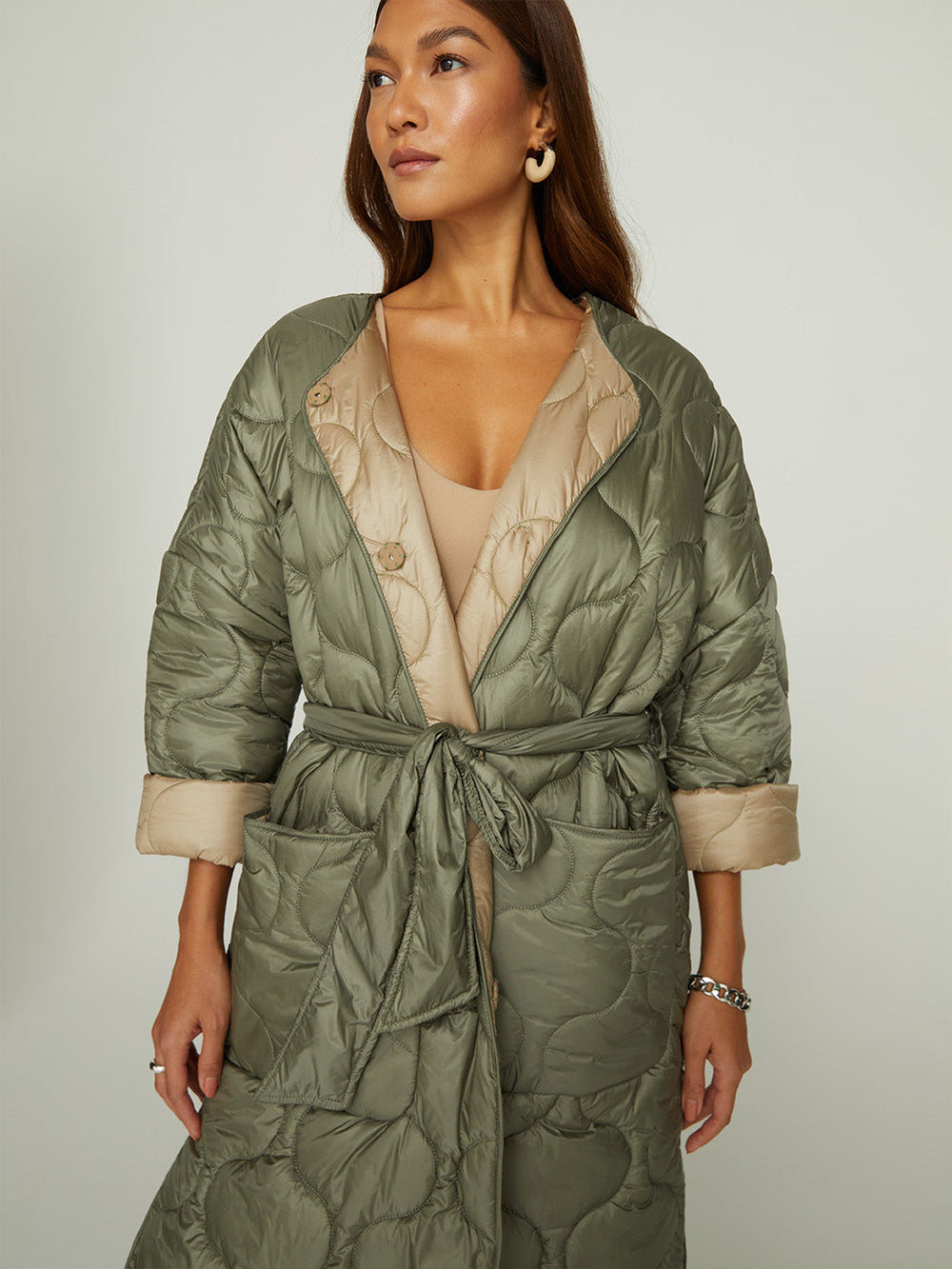 Long Quilted Jacket - Silvery Green