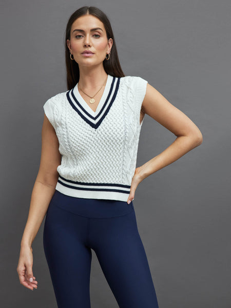 STRIPED CROPPED SWEATER VEST - IVORY W/ NAVY – Carbon38