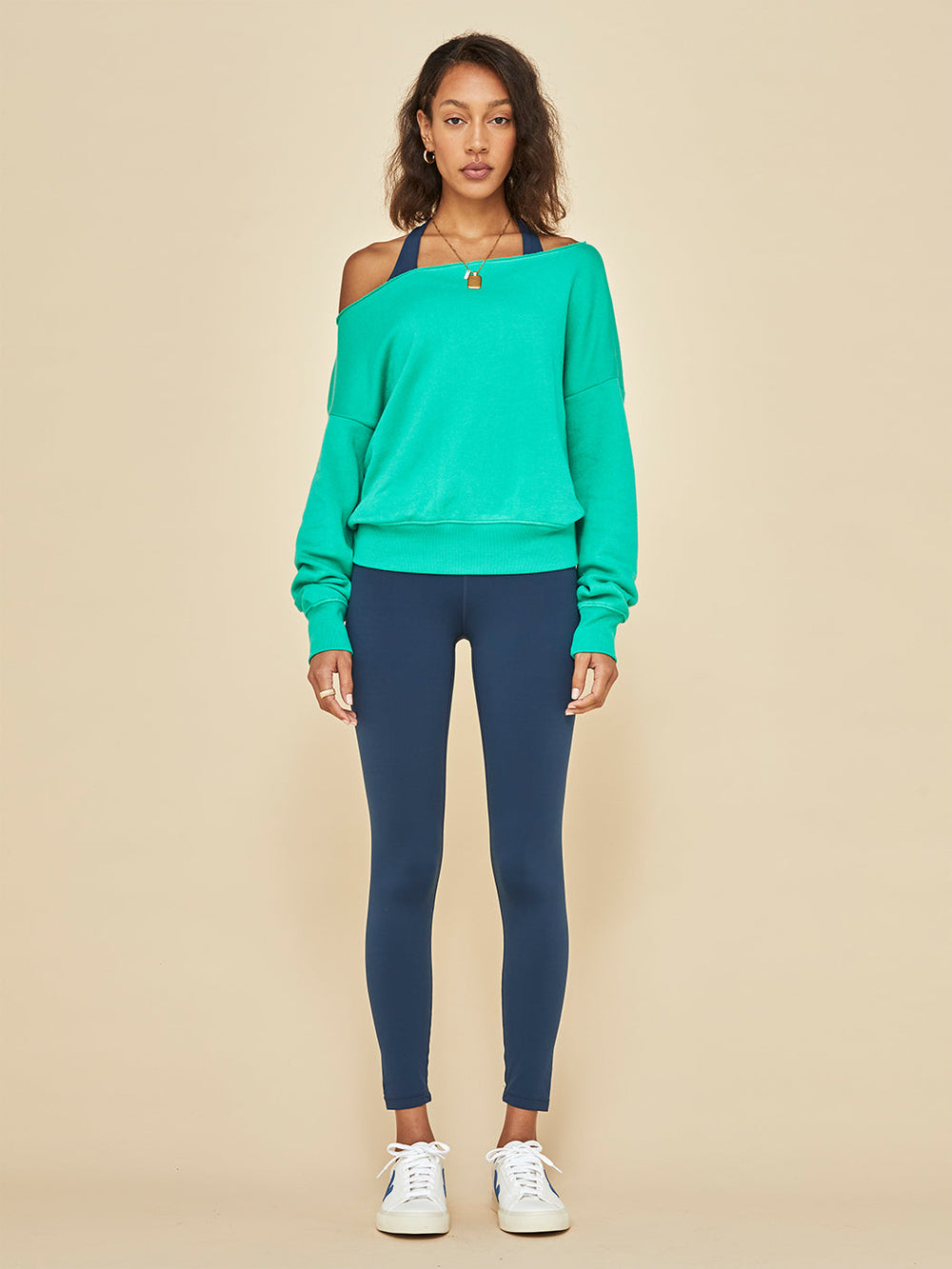 Off Shoulder Sweatshirt in French Terry - Digital Green