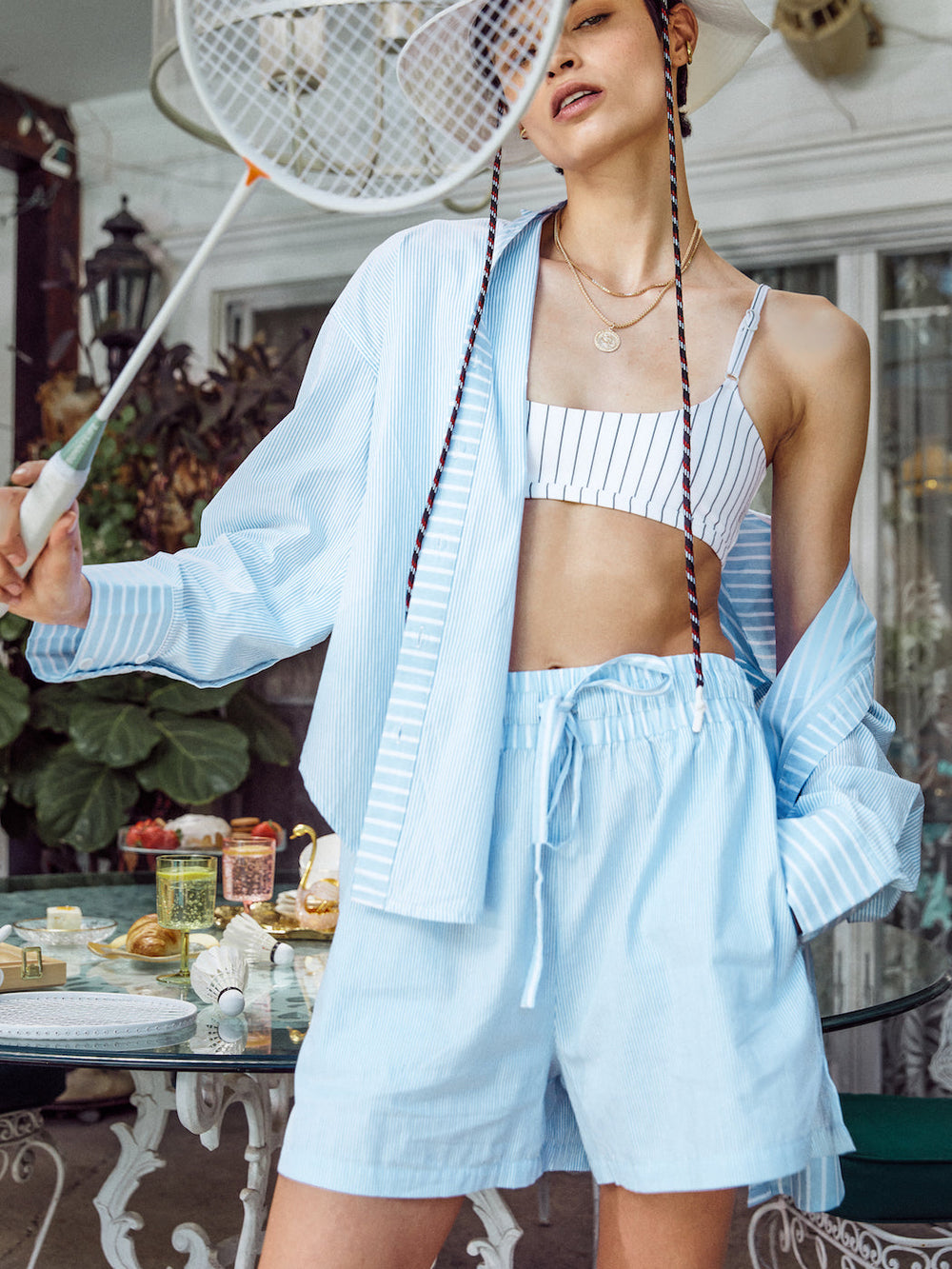 Blue Striped Bralette And Shorts Loungwear Set