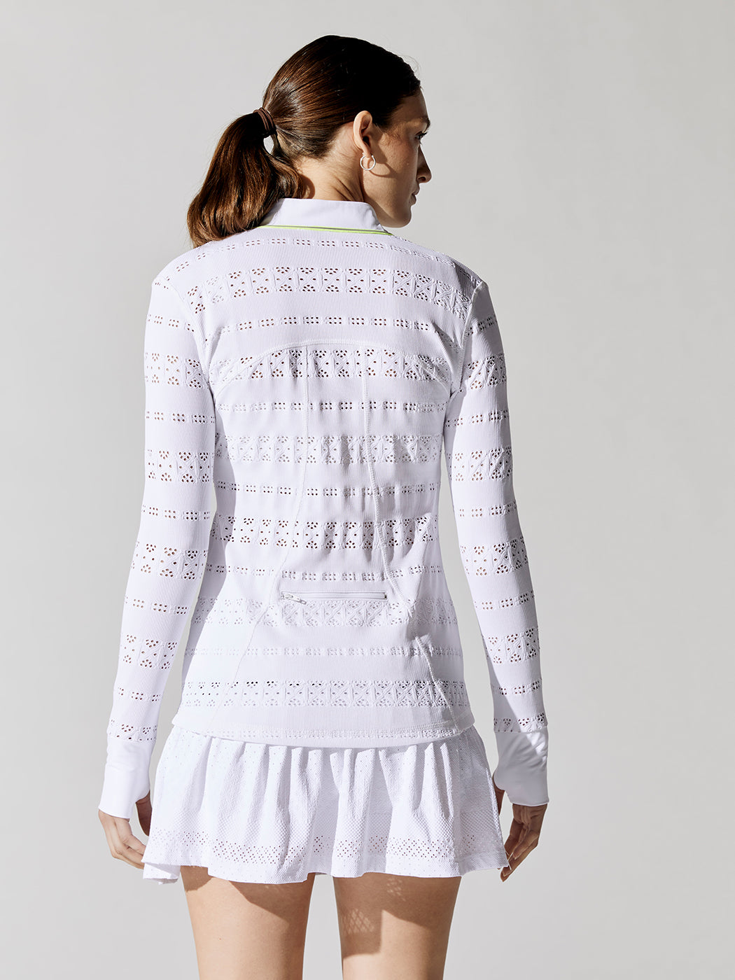 Zip Front Jacket - White Pointelle Lace With Neon Trim – Carbon38