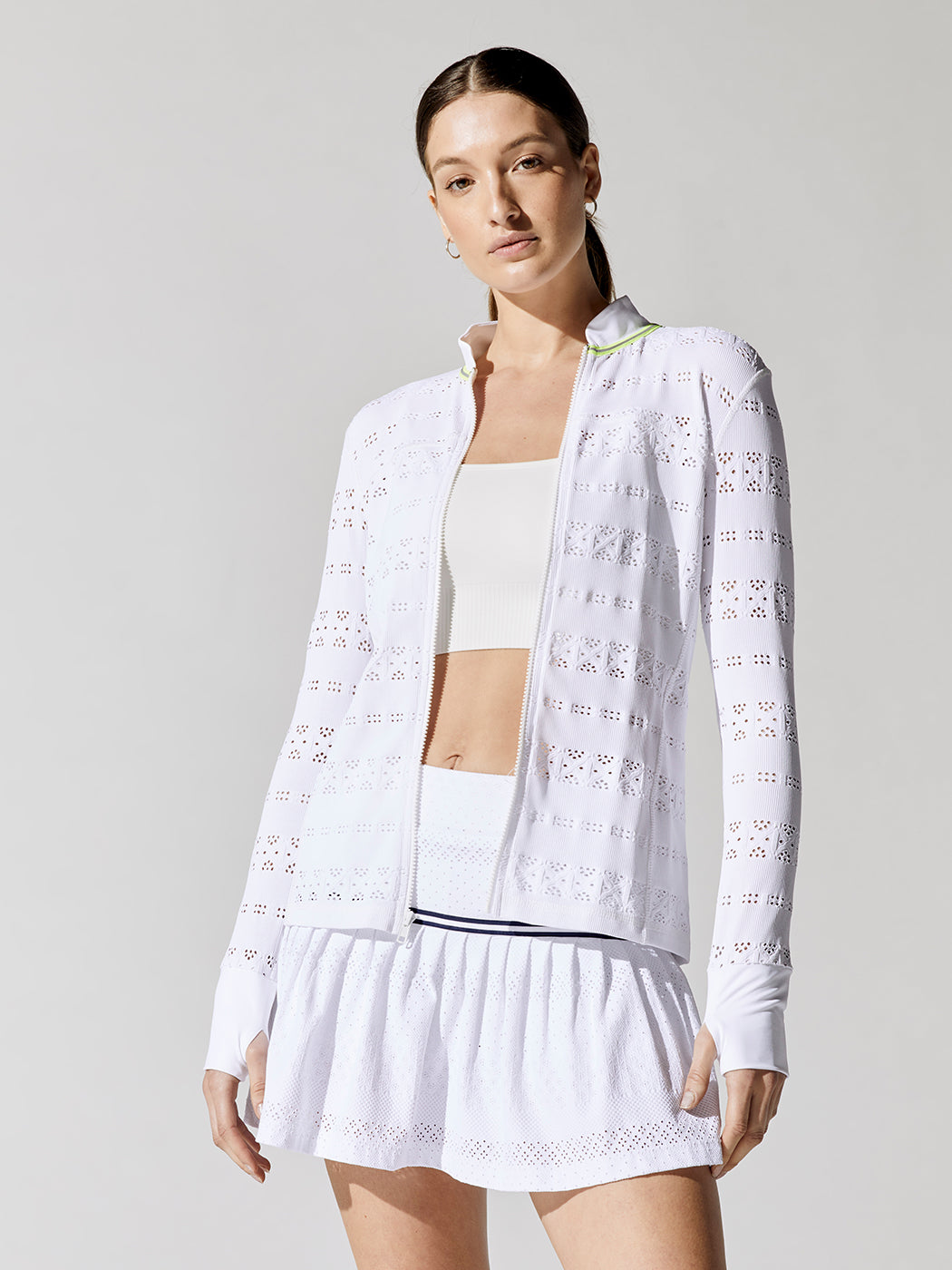 Zip Front Jacket - White Pointelle Lace With Neon Trim – Carbon38