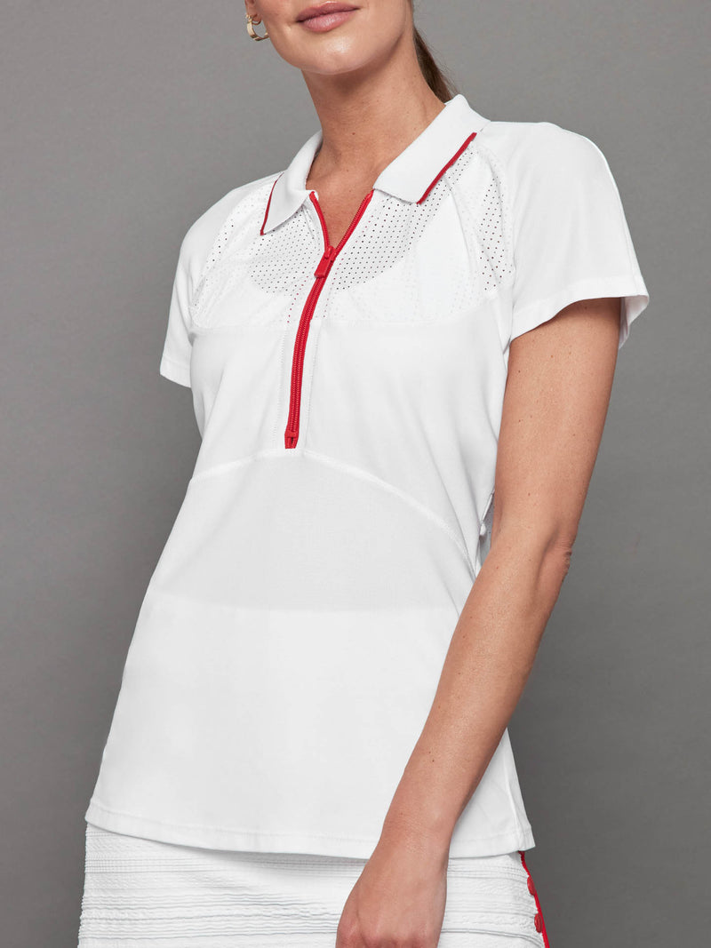 Mesh Zip Performance Polo - White with Red Trim