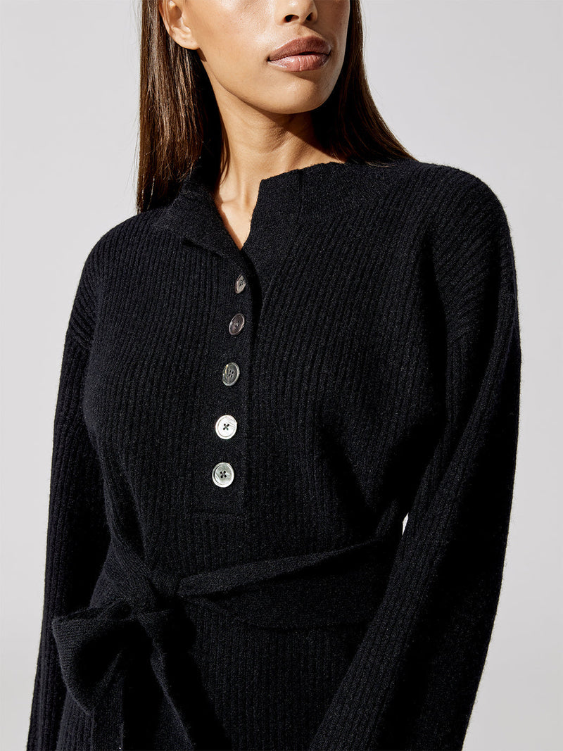 Arie Ribbed Cashmere Blend Henley Sweater Dress - Black