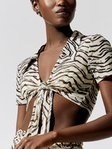 Mesh Tie-Front Top - Off White Tiger