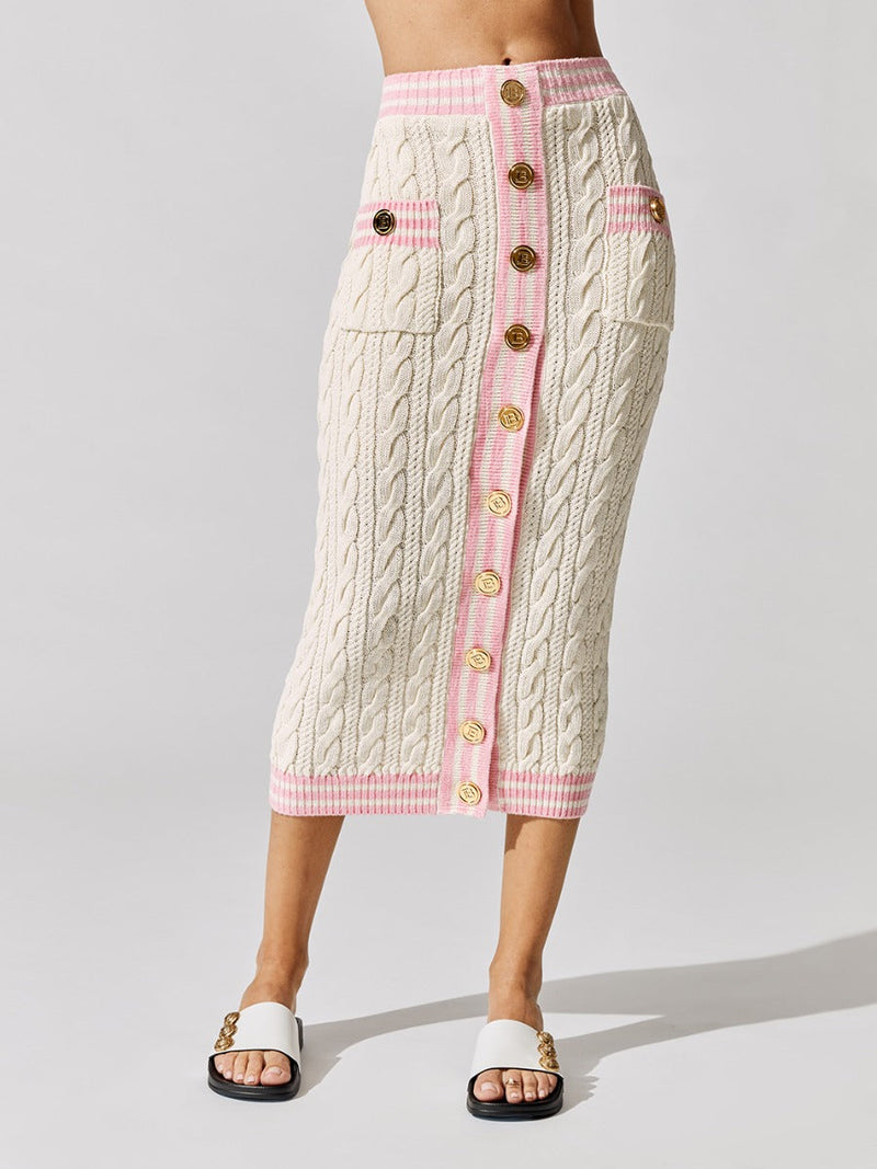 High Waisted Buttoned Cable-knit Midi Skirt - Gbf Ecru/Rose