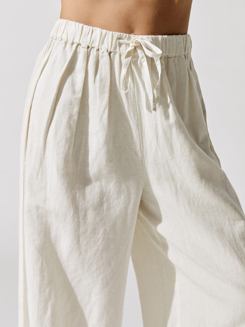 Linen Side Split Drawstring Pants - Off White