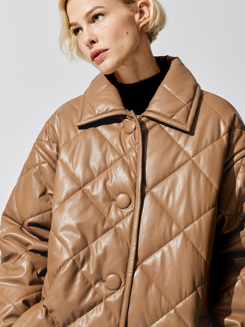 Jacey Leather Puffy Jacket - Taupe
