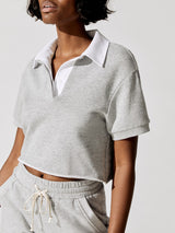 Sunnyside Crop Top With Woven Collar - Heather Grey